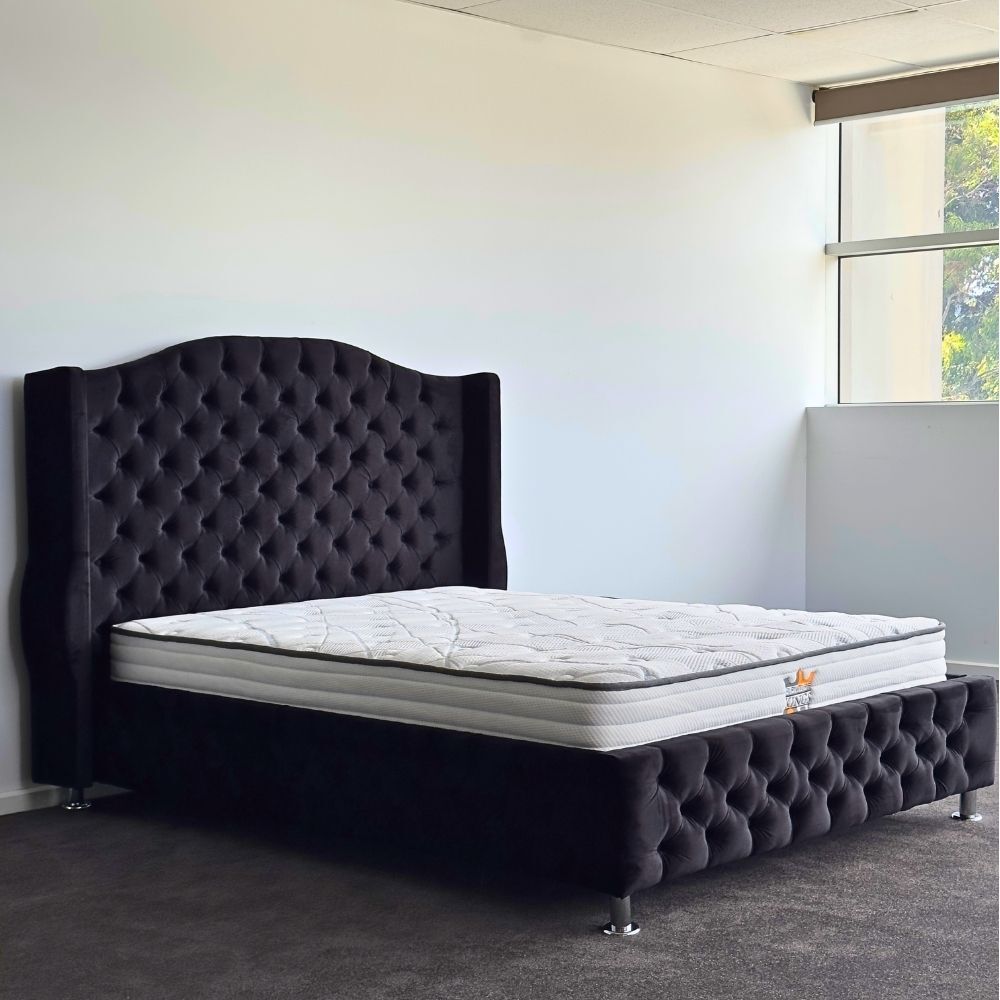 Aurora Black Queen Bed Frame Studded Fabric Black Plush Velvet Upholstered Tufts