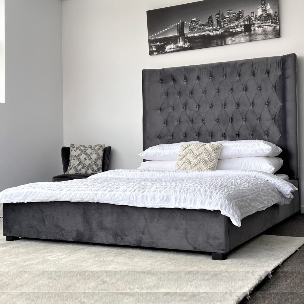 Aspen Queen Bed Frame Studded Fabric Grey Plush Velvet Upholstered Tall Headboard Tufts 