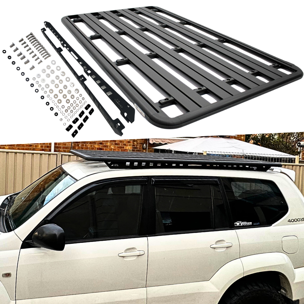 Aluminium Flat Roof Rack Cage Fits Landcruiser Prado 120 series 220cm x 125cm Mounts Tradie Black Platform
