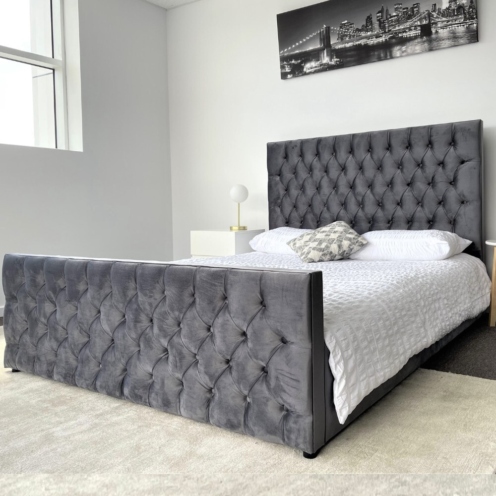 Milan King Bed Frame Studded Fabric Grey Plush Velvet Upholstered Tufts