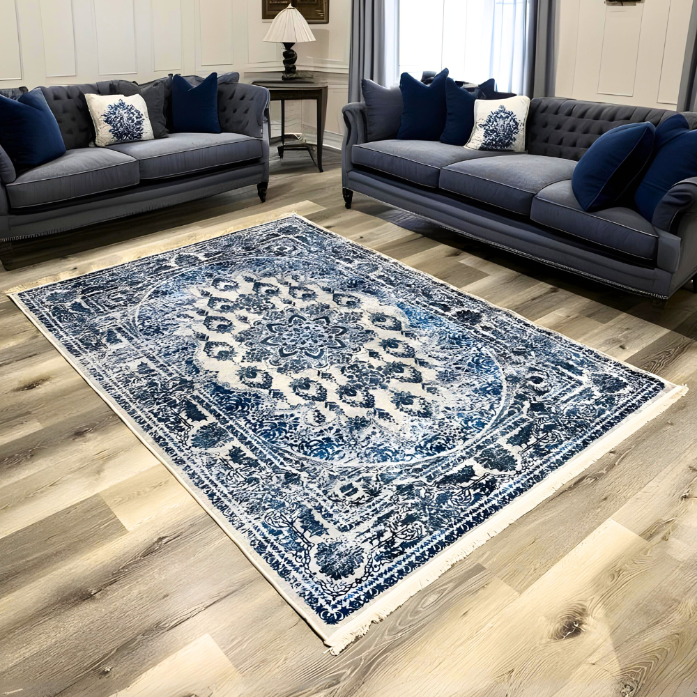 130x190 CM Blue Beige Veneziano Turkish Floor Carpet Rugs Modern Carpet Rug Large Bedroom Living Room Anti-Slip [Carpet Size: 130 x 190 cm]