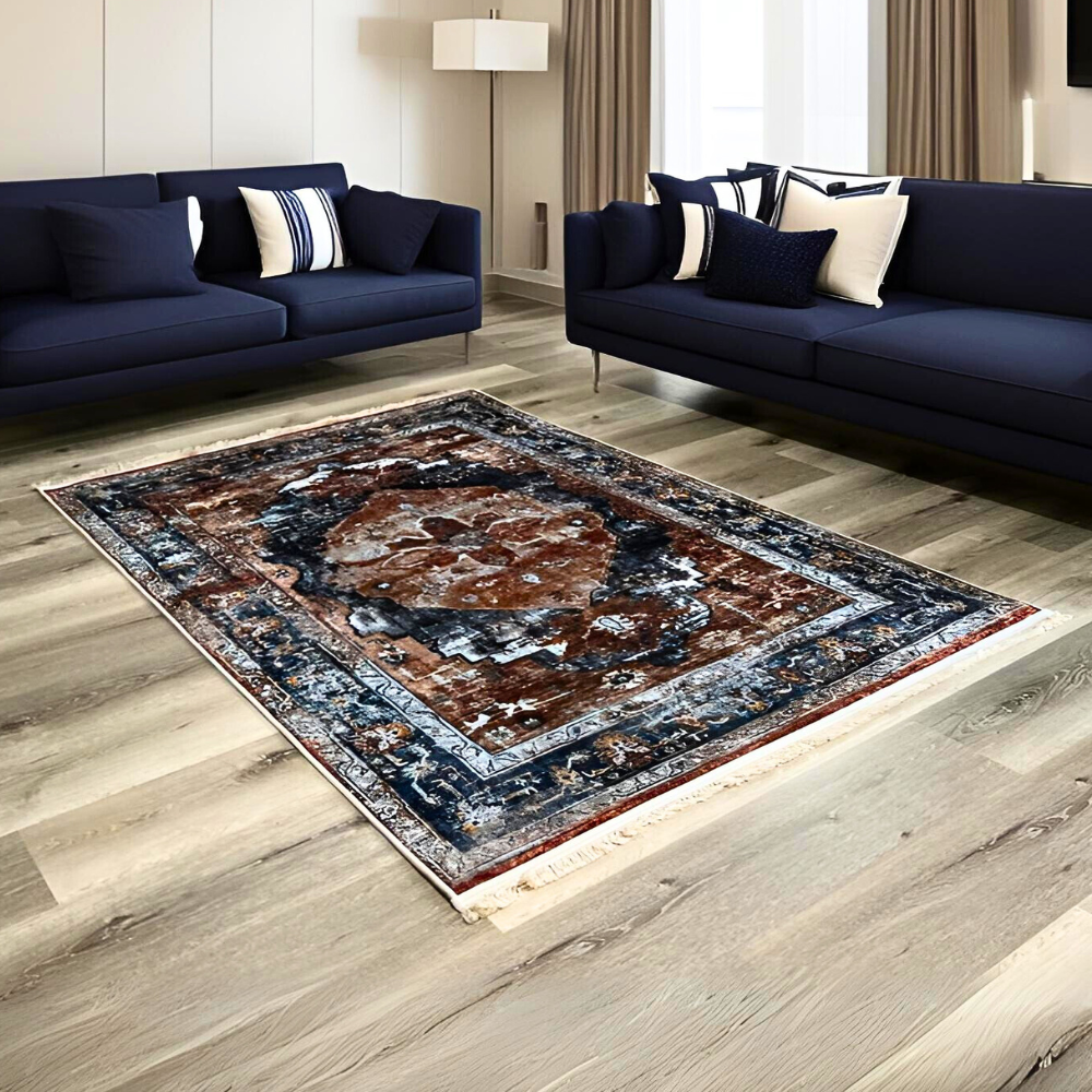 130x190 CM Blue Brown Opulent Turkish Floor Carpet Rugs Modern Carpet Rug Large Bedroom Living Room Anti-Slip [Carpet Size: 130 x 190 cm]