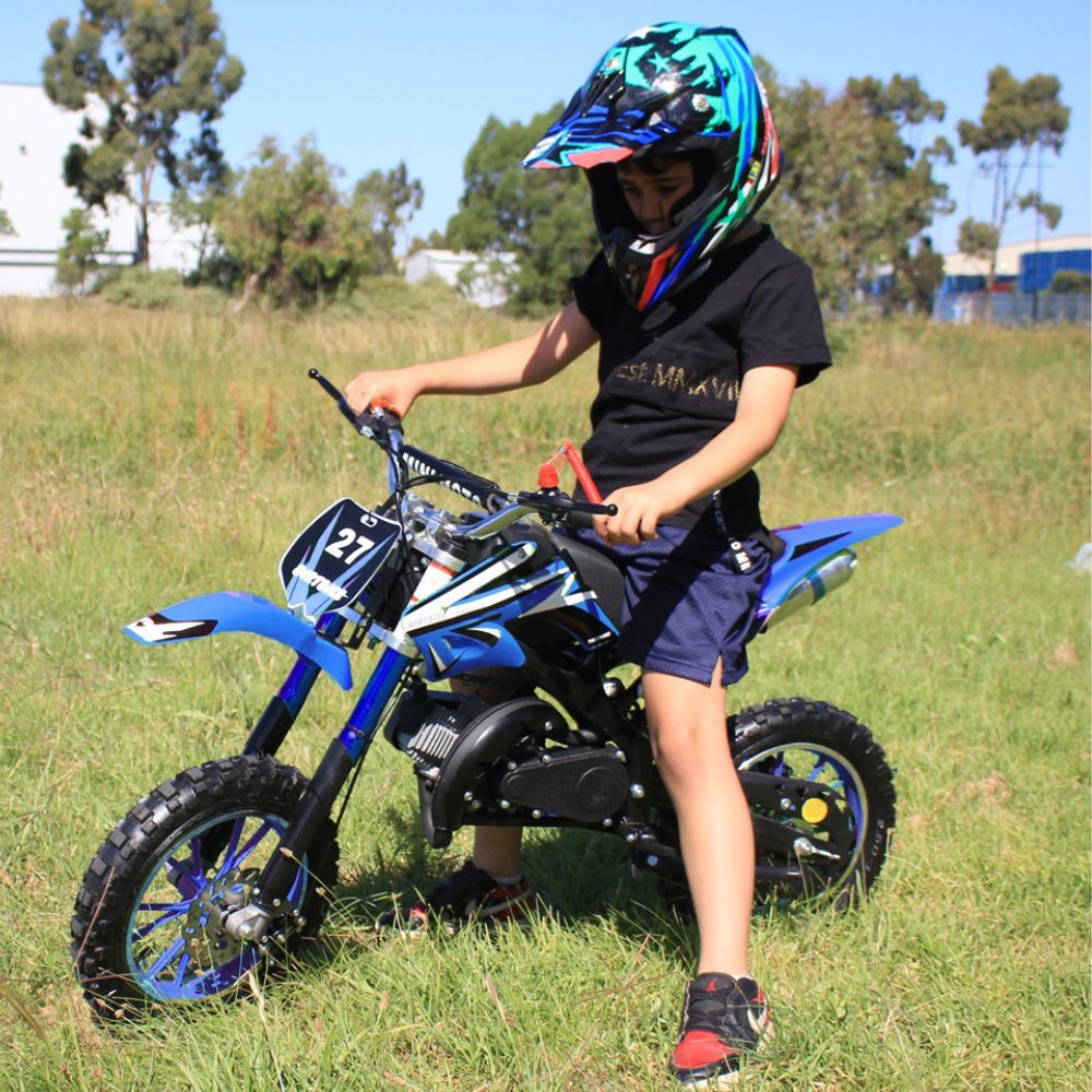 Kids 49CC Petrol Dirtbike For Kids Ride On Bike 2 Stroke Off Road Steel Blue Dirt Motorbike