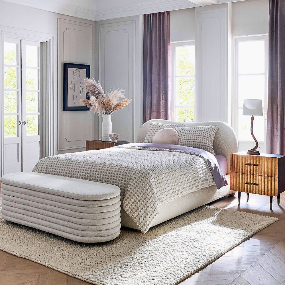 Marshmallow Queen Bed Teddy Fabric Beige Modern Upholstered Boucle Buttercream Headboard Vanilla 