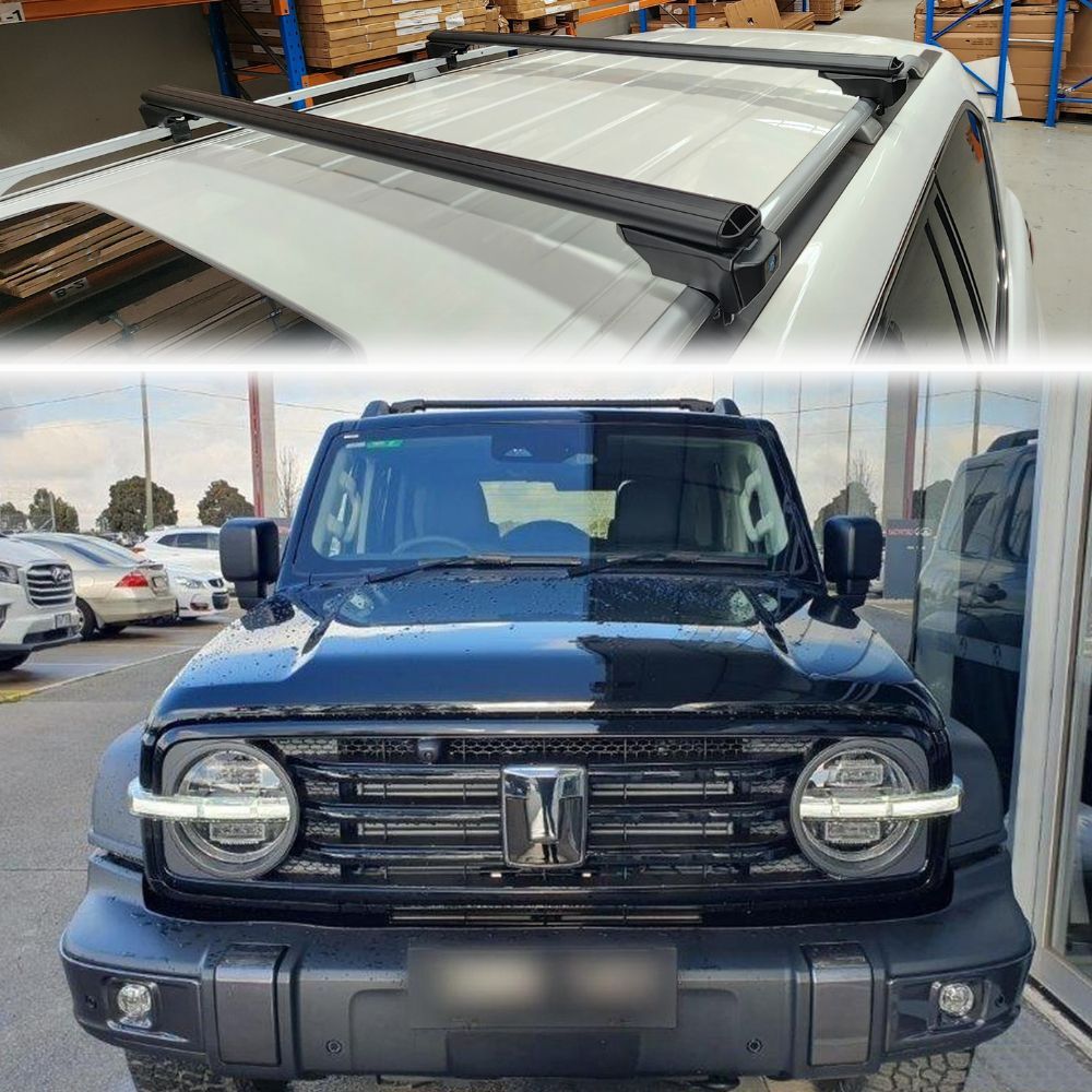 2 x Premium Aluminium Clamp Style Roof Cross Bars Suits Tank 300 raised rails 130cm Black Lockable Crossbars Rack Luggage Carrier