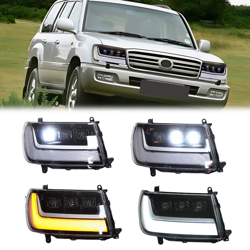 Full LED Triple Lens Head Lights Suits Landcruiser 100 Series DRL Headlights Pair Front Lamp Projector 