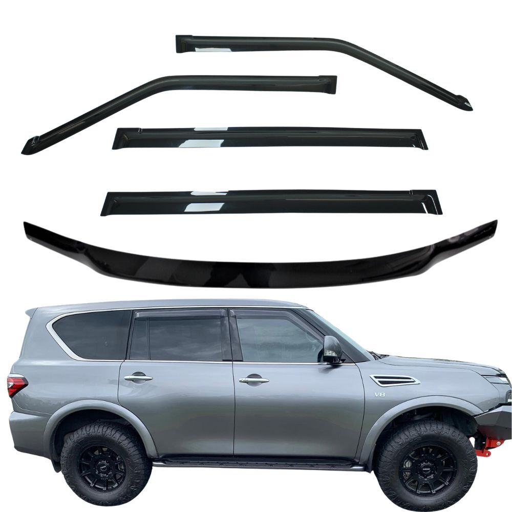 Bonnet Protector & Weather Shields fits Nissan Patrol Y62 2012 - 2019 Black Weathershields Visors Strips Window