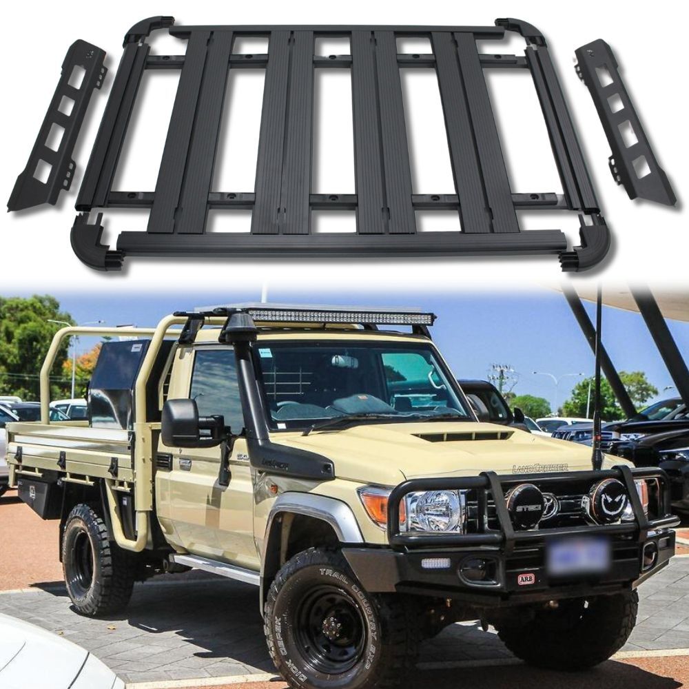 Unassembled Aluminium Flat Roof Rack Fits Landcruiser 79 Series Single Cab 90cm x 142cm Rain Gutter Mounts Black Platform