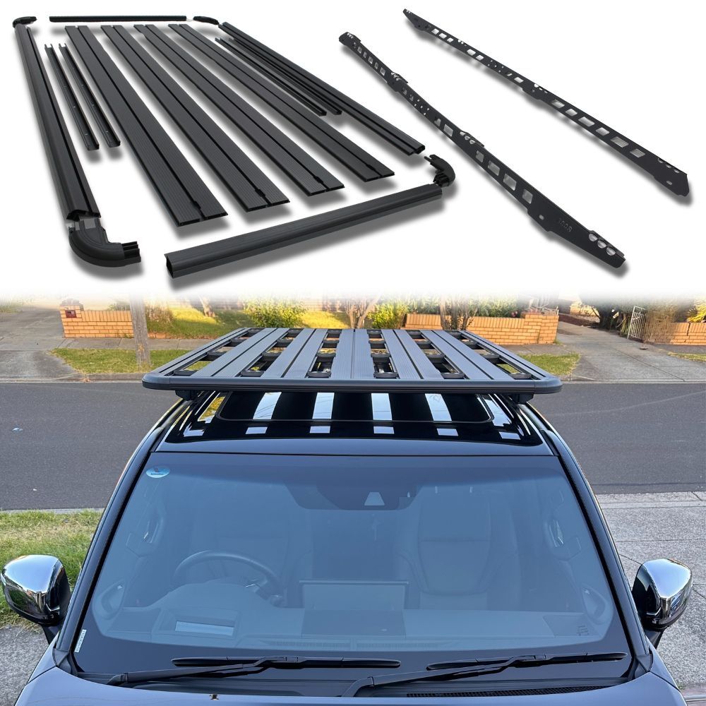 Unassembled Aluminium Flat Roof Rack Fits Landcruiser Prado 150 Series 2010-2022 220cm x 125cm Tradie Black Platform Panels