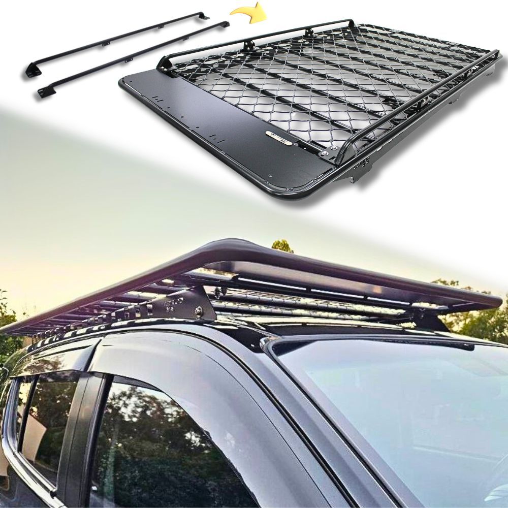 Aluminium Flat Mesh Roof Rack With Removable Side Rails Suits Landcruiser Prado 120 Series 220cm x 125cm Platform Brackets Black Powder Coated