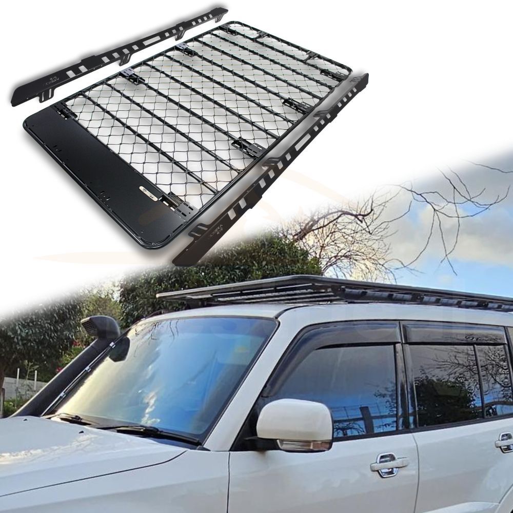 Aluminium Flat Mesh Roof Rack Platform fits Landcruiser Prado 120 Series 220cm x 125cm Brackets Black Powder Coated