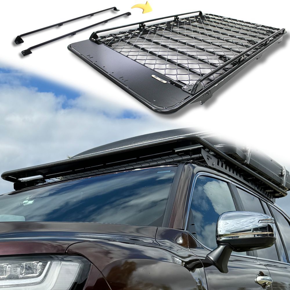 Aluminium Flat Mesh Roof Rack With Removable Side Rails Suits Landcruiser 200 Series 220cm x 125cm Platform Brackets Black Powder Coated