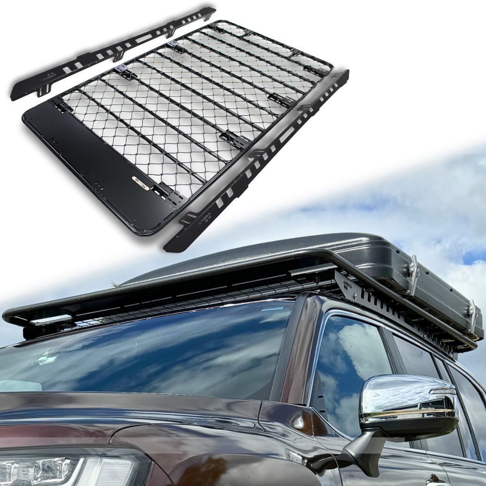 Aluminium Flat Mesh Roof Rack Platform Suits Landcruiser 200 Series Brackets Black Powder Coated