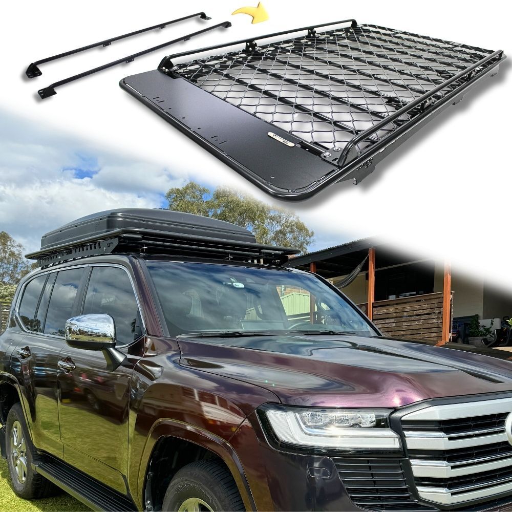 Aluminium Flat Mesh Roof Rack With Removable Side Rails Suits Landcruiser 300 series 220cm x 135cm Platform Brackets Black Powder Coated