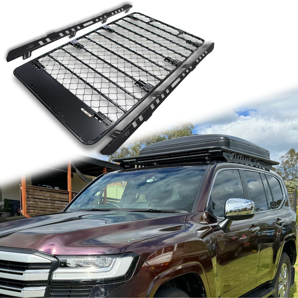 Aluminium Flat Mesh Roof Rack Platform Suits Landcruiser 300 Series Brackets Black Powder Coated