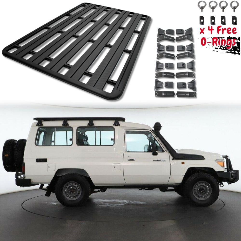 Wide Aluminium Flat Roof Rack Fits Landcruiser 75 78 Series Troop Carrier 210cm x 142cm Rain Gutter Mounts Troopy Tradie Black Rack