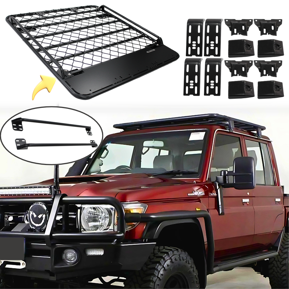 Aluminium Flat Mesh Roof Rack With Removeable Side Rails Suits Landcruiser 79 Series Dual Cab Platform Brackets Black Powder Coated