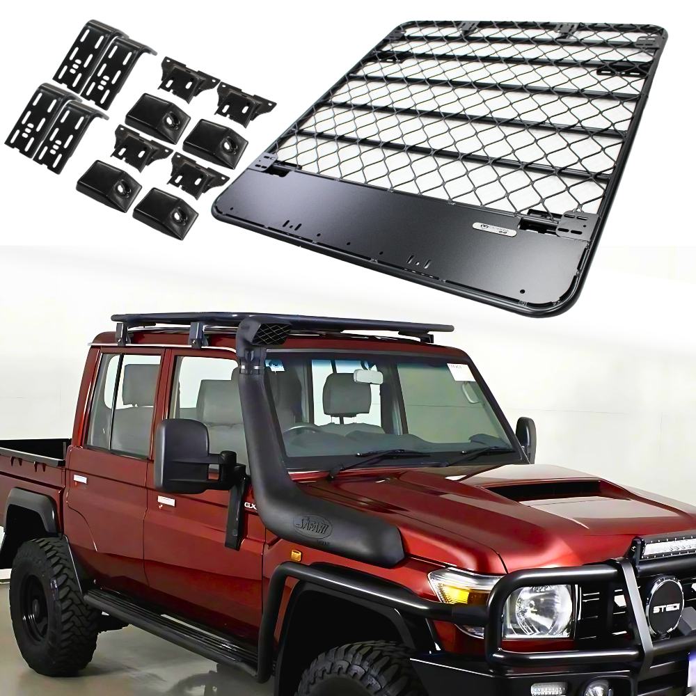 Aluminium Flat Roof Rack Platform Suits Landcruiser 79 Series Dual Cab Brackets Black Powder Coated