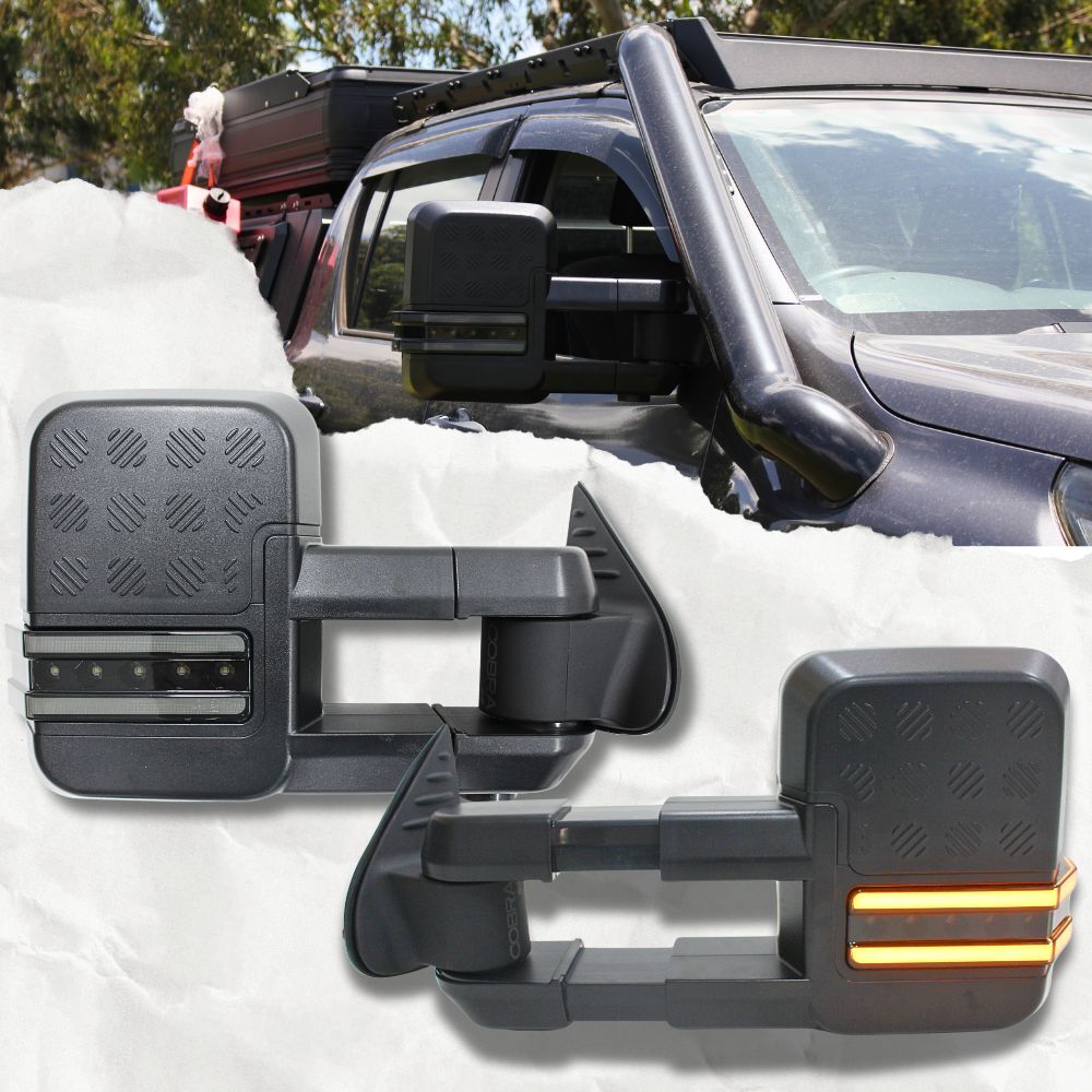 Cobra 4x4 Gen 2 Extendable Towing Mirrors With Blind Spot Sensor Suit Mazda BT50 2021 Onwards Black Electric LED Indicators Caravan Trailer