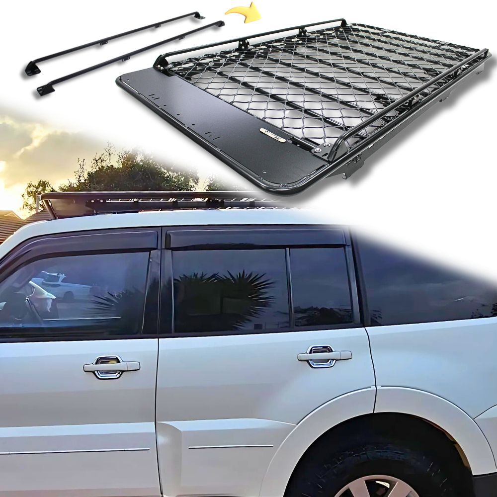 Aluminium Flat Mesh Roof Rack With Removable Side Rails Suits Everest 2015 - 2022 220cm x 125cm Platform Brackets Black Powder Coated