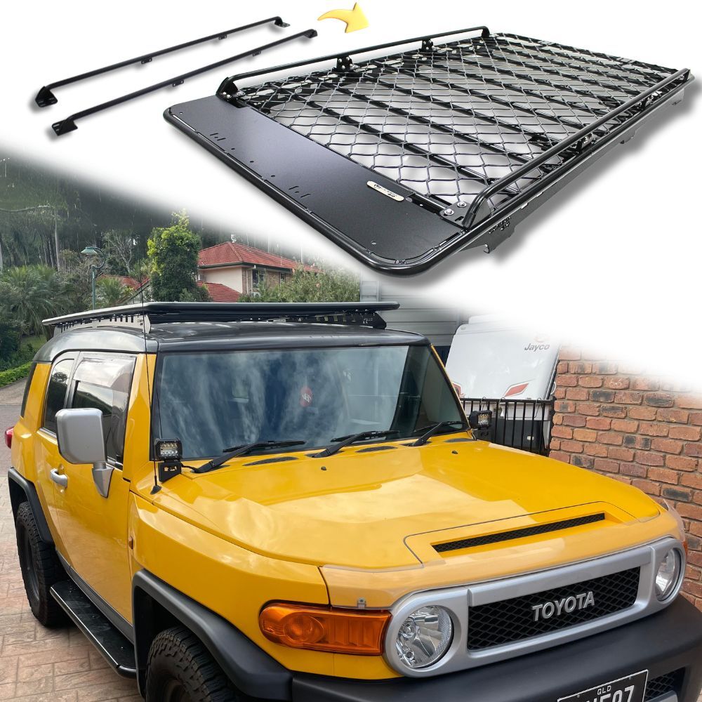 Aluminium Flat Mesh Roof Rack With Removable Side Rails Suits FJ Cruiser 2011 Onwards 220cm x 125cm Platform Brackets Black Powder Coated