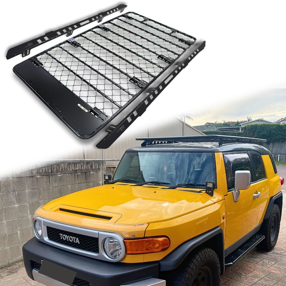 Aluminium Flat Mesh Roof Rack Platform Suits FJ Cruiser 2011 Onwards Brackets Black Powder Coated