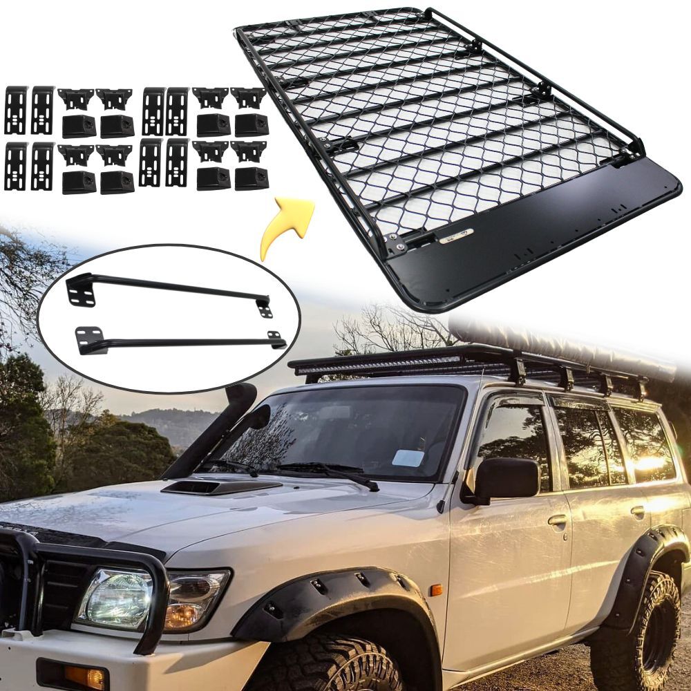 Aluminium Flat Mesh Roof Rack With Removeable Side Rails Suits Patrol GU GQ Y61 Y60 220cm x 125cm Platform Brackets Black Powder Coated