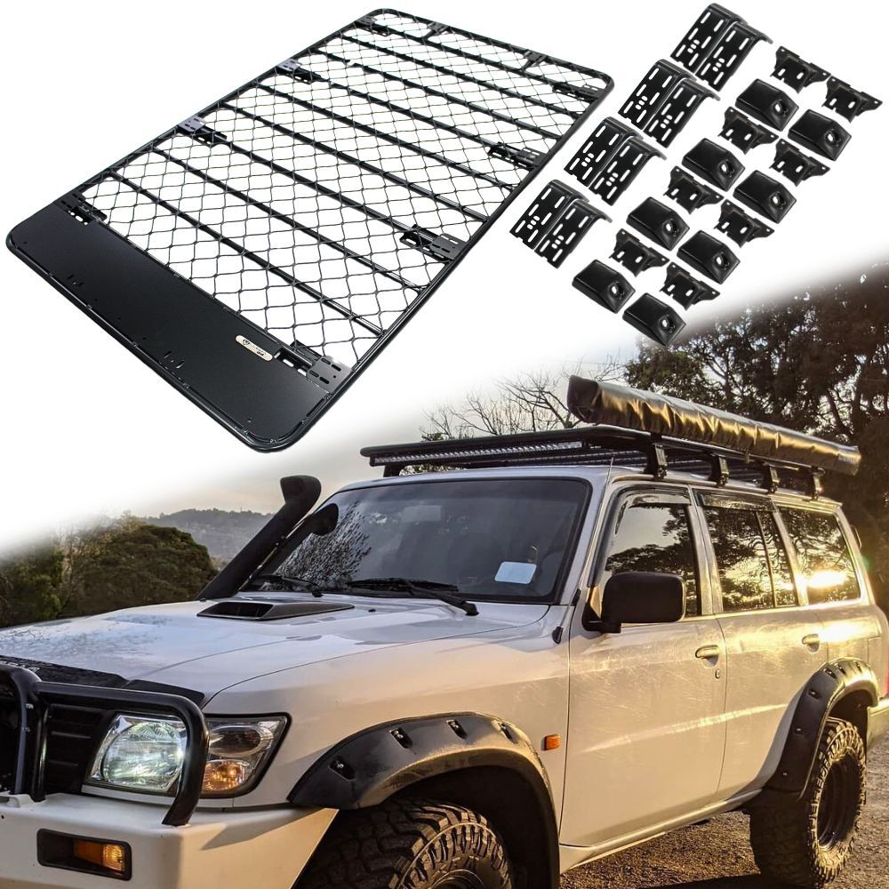 Aluminium Flat Mesh Roof Rack Platform Suits Patrol GU GQ Y61 Y60 Brackets Black Powder Coated