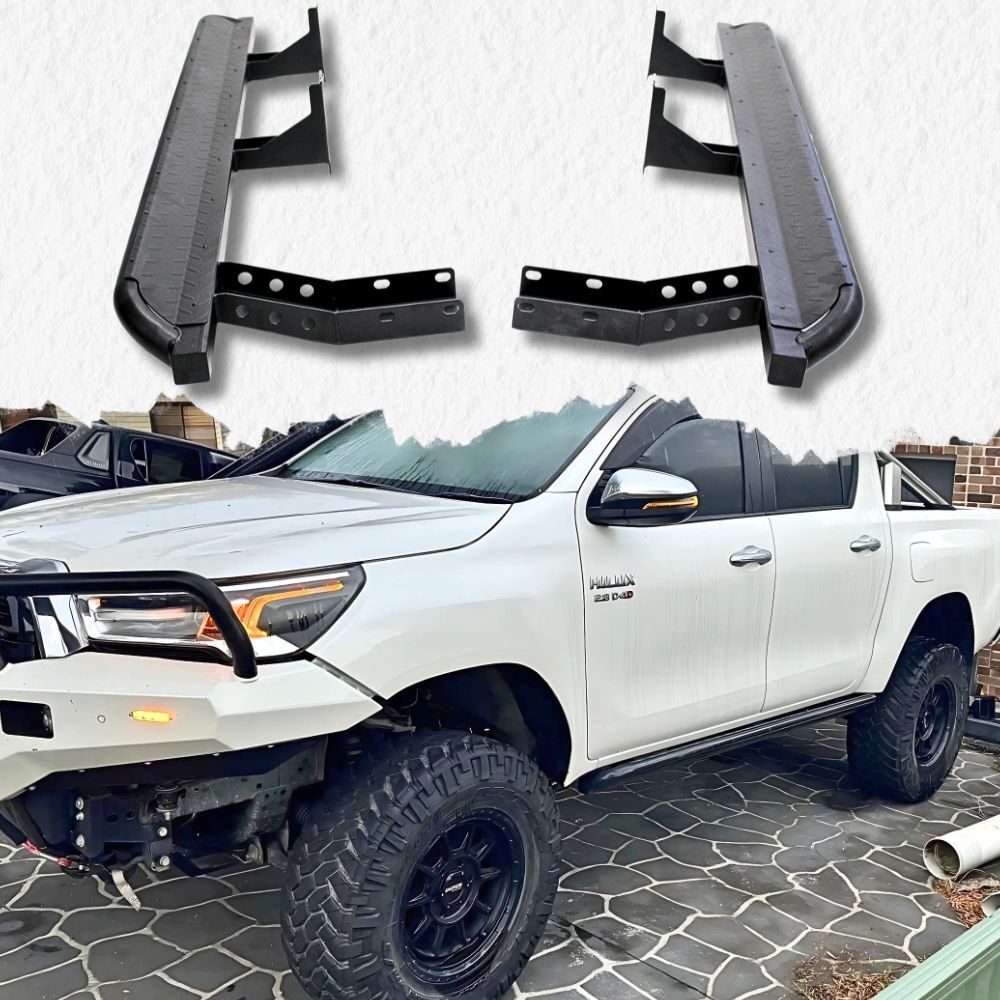 Cobra 4x4 Heavy Duty Angled Rock Sliders Fits Hilux N80 2015 Onwards Side Steps Black Steel