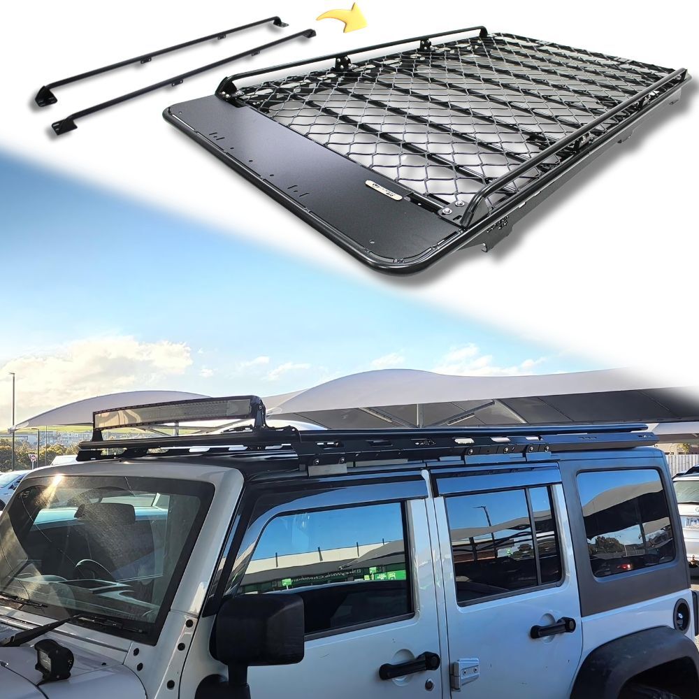 Aluminium Flat Mesh Roof Rack With Removeable Side Rails Suits Jeep JK JL Wrangler 220cm x 135cm Platform Brackets Black Powder Coated