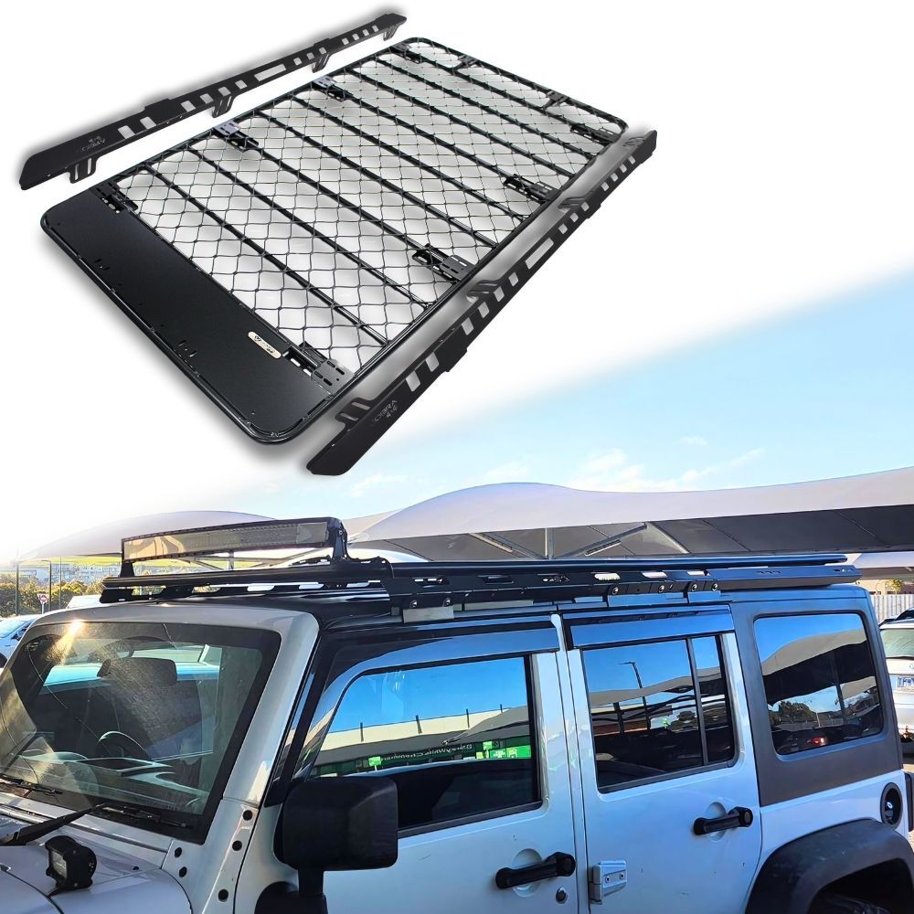 Aluminium Flat Mesh Roof Rack Platform Suits Jeep JK JL Wrangler Brackets Black Powder Coated