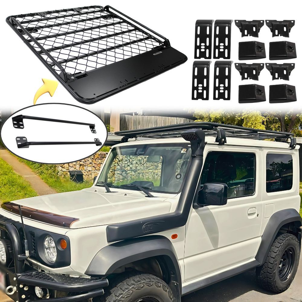 Aluminium Flat Mesh Roof Rack With Removable Side Rails Suits Suzuki Jimny 2018 Onwards Platform Brackets Black Powder Coated