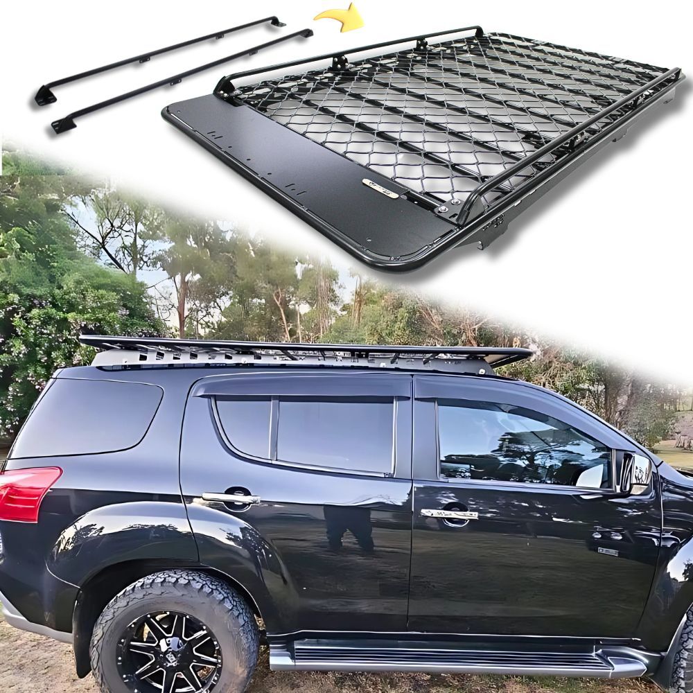 Aluminium Flat Mesh Roof Rack With Removeable Side Rails Suits Isuzu Mu-x Mux 2013 - 2021 220cm x 125cm Platform Brackets Black Powder Coated