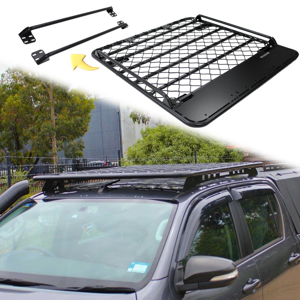 Aluminium Flat Mesh Roof Rack With Removeable Side Rails Suits Nissan Navara NP300 2015 - 2020 D22 D40 Platform Brackets Black Powder Coated