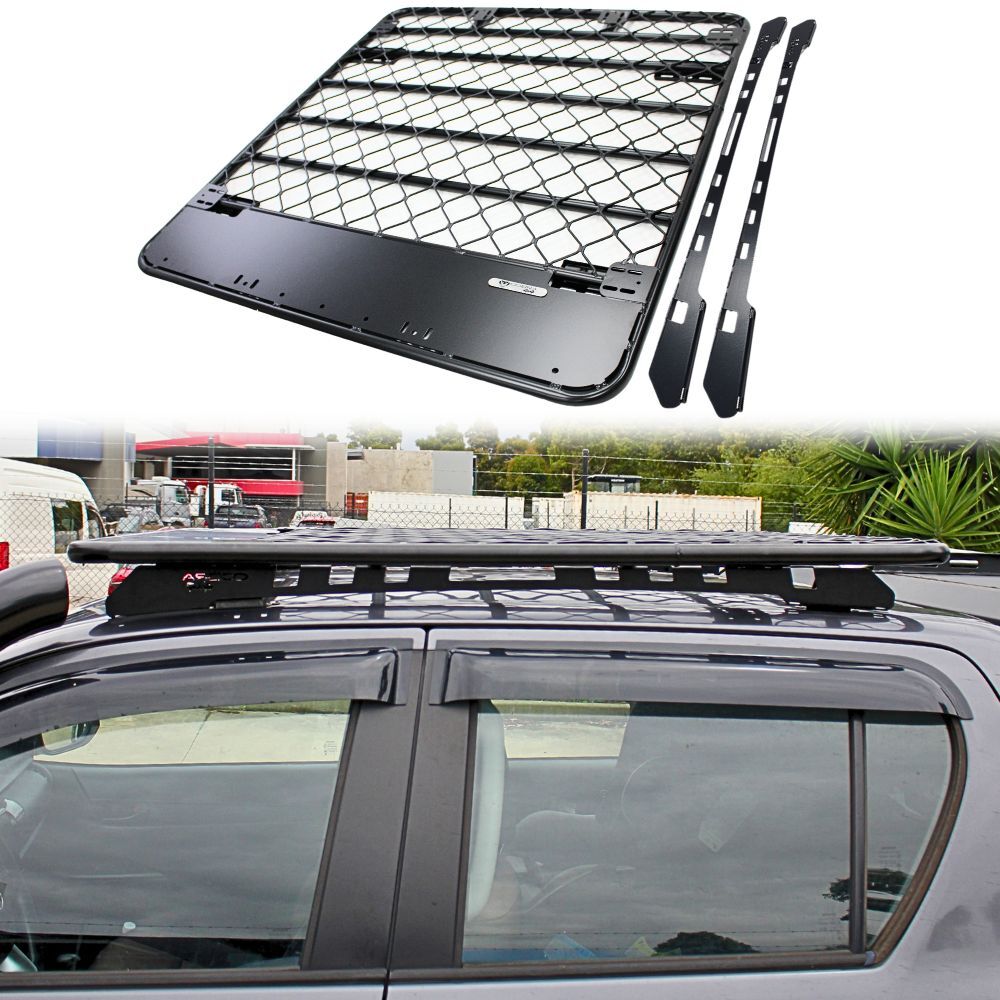 Aluminium Flat Roof Rack Platform Suits Nissan Navara NP300 2015 - 2020 D22 D40 Dual Cab Brackets Black Powder Coated