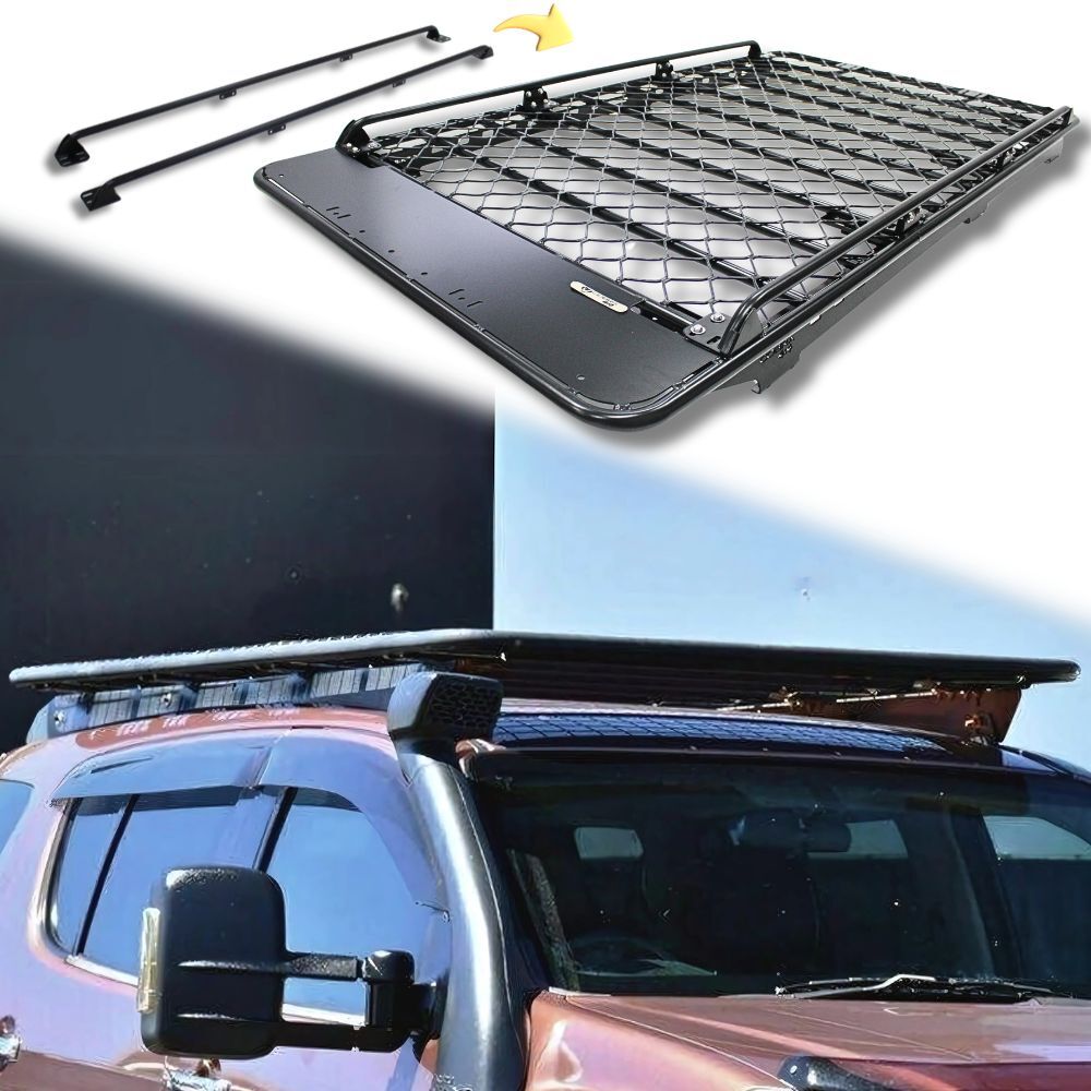 Aluminium Flat Mesh Roof Rack With Removeable Side Rails Suits Mitsubishi Pajero 2000 - 2006 220cm x 125cm Platform Brackets Black Powder Coated