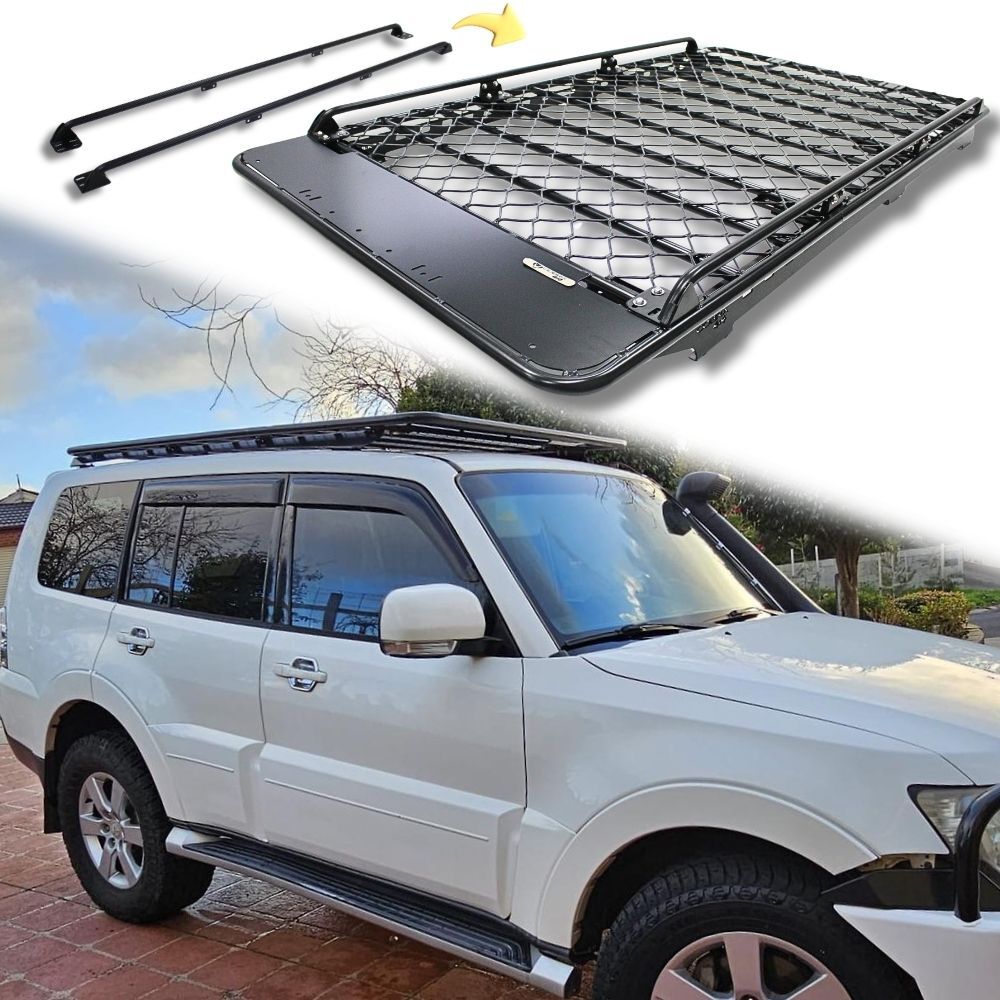 Aluminium Flat Mesh Roof Rack With Removeable Side Rails Suits Mitsubishi Pajero 2007 Onwards 220cm x 125cm Platform Brackets Black Powder Coated