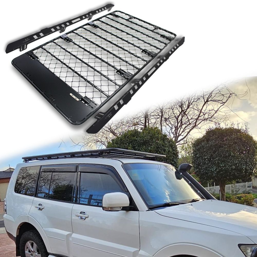 Aluminium Flat Mesh Roof Rack Platform Suits Mitsubishi Pajero 2007 Onwards Brackets Black Powder Coated