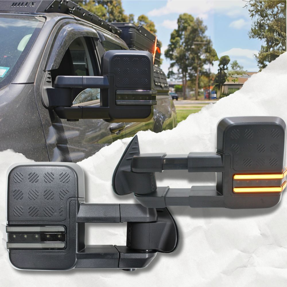 Cobra 4x4 Gen 2 Extendable Towing Mirrors Suit Ranger PX PX2 PX3 2012 - 2021 BT50 2012 - 2020 Everest Black Electric LED Indicators Caravan Trailer