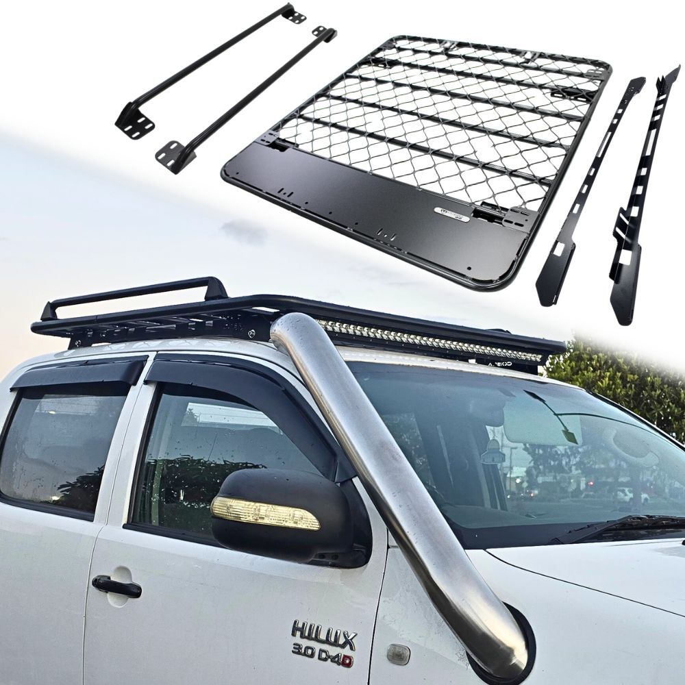 Aluminium Flat Mesh Roof Rack With Removeable Side Rails Suits Hilux 2005 - 2021 Platform Brackets Black Powder Coated