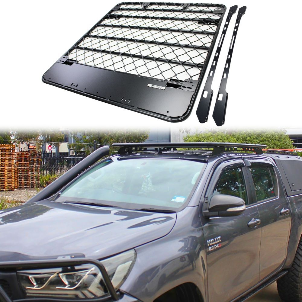 Aluminium Flat Roof Rack Platform Suits Hilux 2005 - 2021 Dual Cab Brackets Black Powder Coated