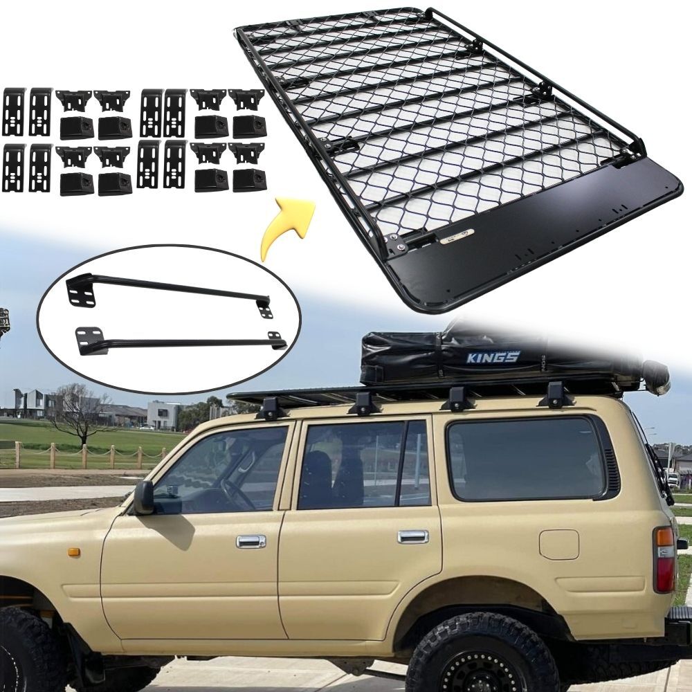 Aluminium Flat Mesh Roof Rack With Removeable Side Rails Suits Landcruiser 80 90 76 Series Pajero 220cm x 125cm Platform Brackets Black Powder Coated