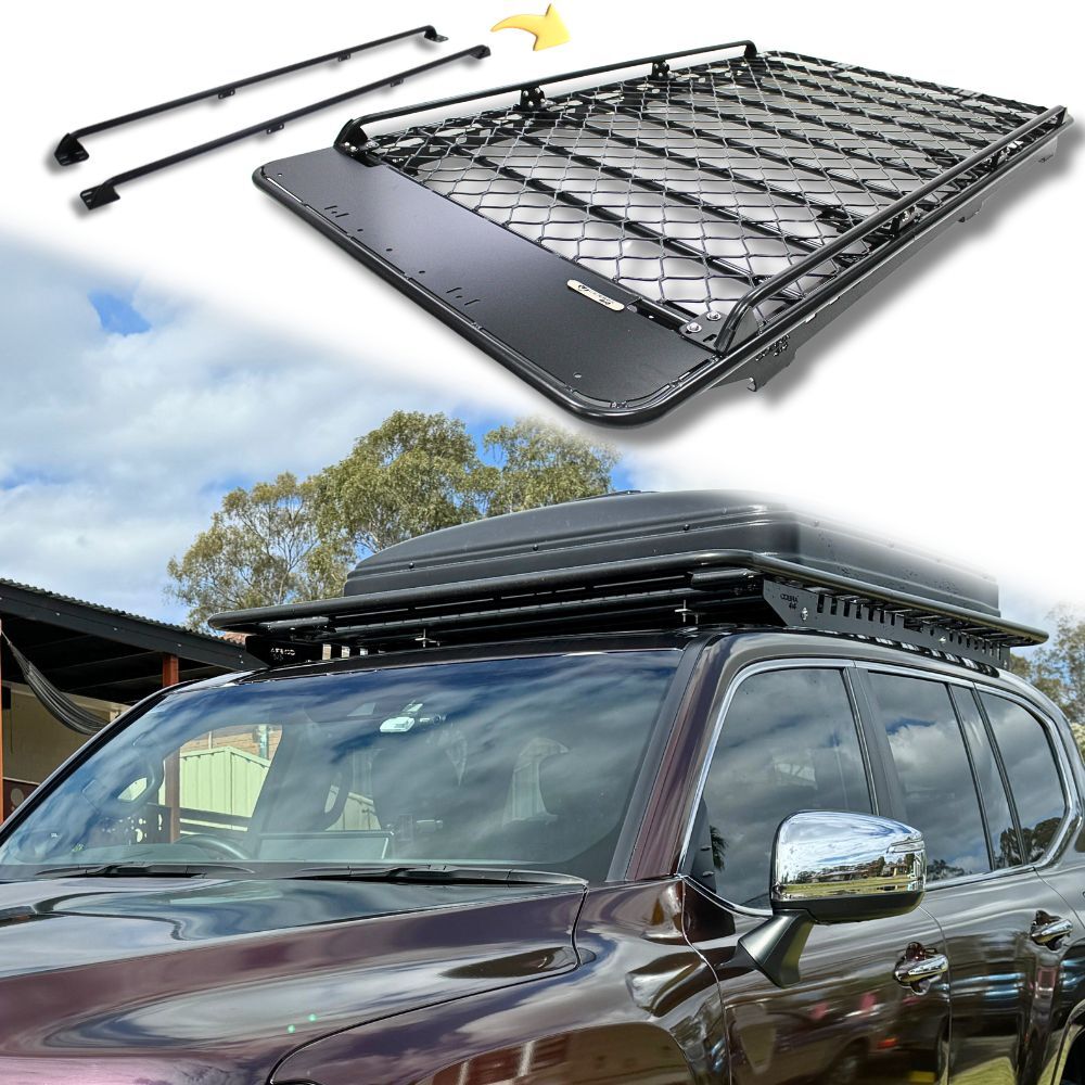 Aluminium Flat Mesh Roof Rack With Removeable Side Rails Suits Nissan Patrol Y62 220cm x 135cm Platform Brackets Black Powder Coated