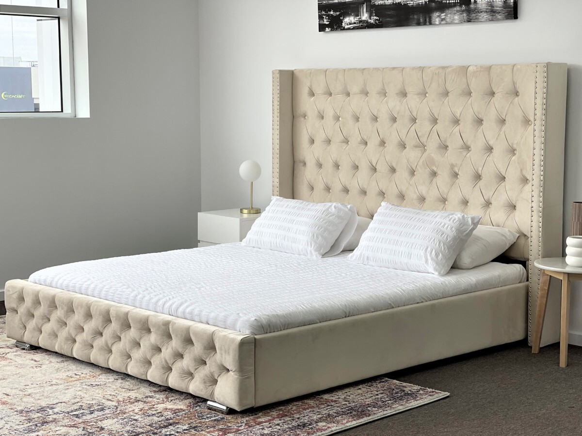 Salvatore King Bed Frame Studded Fabric Beige Plush Velvet Upholstered