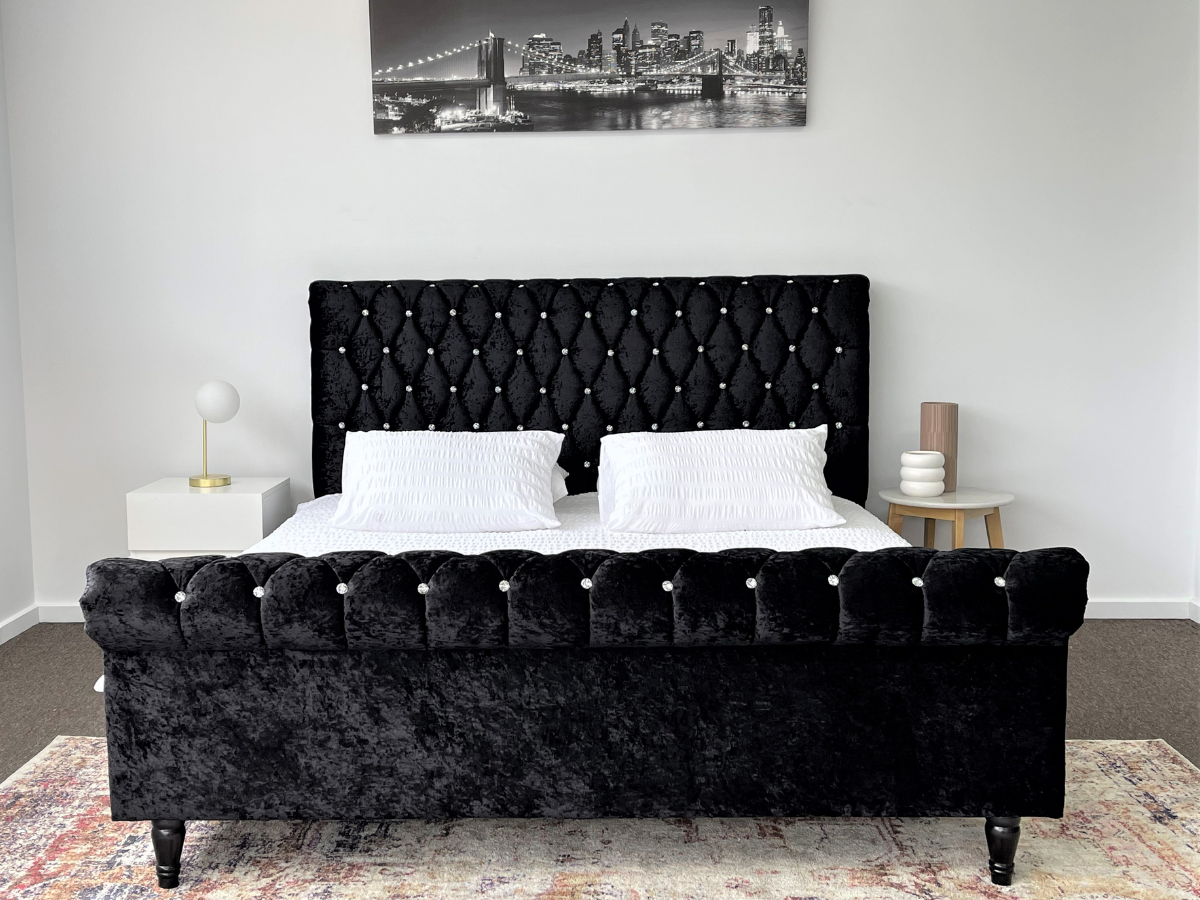 QUEEN KING BED FRAME VELVET FABRIC BLACK UPHOLSTERED VS PU LEATHER