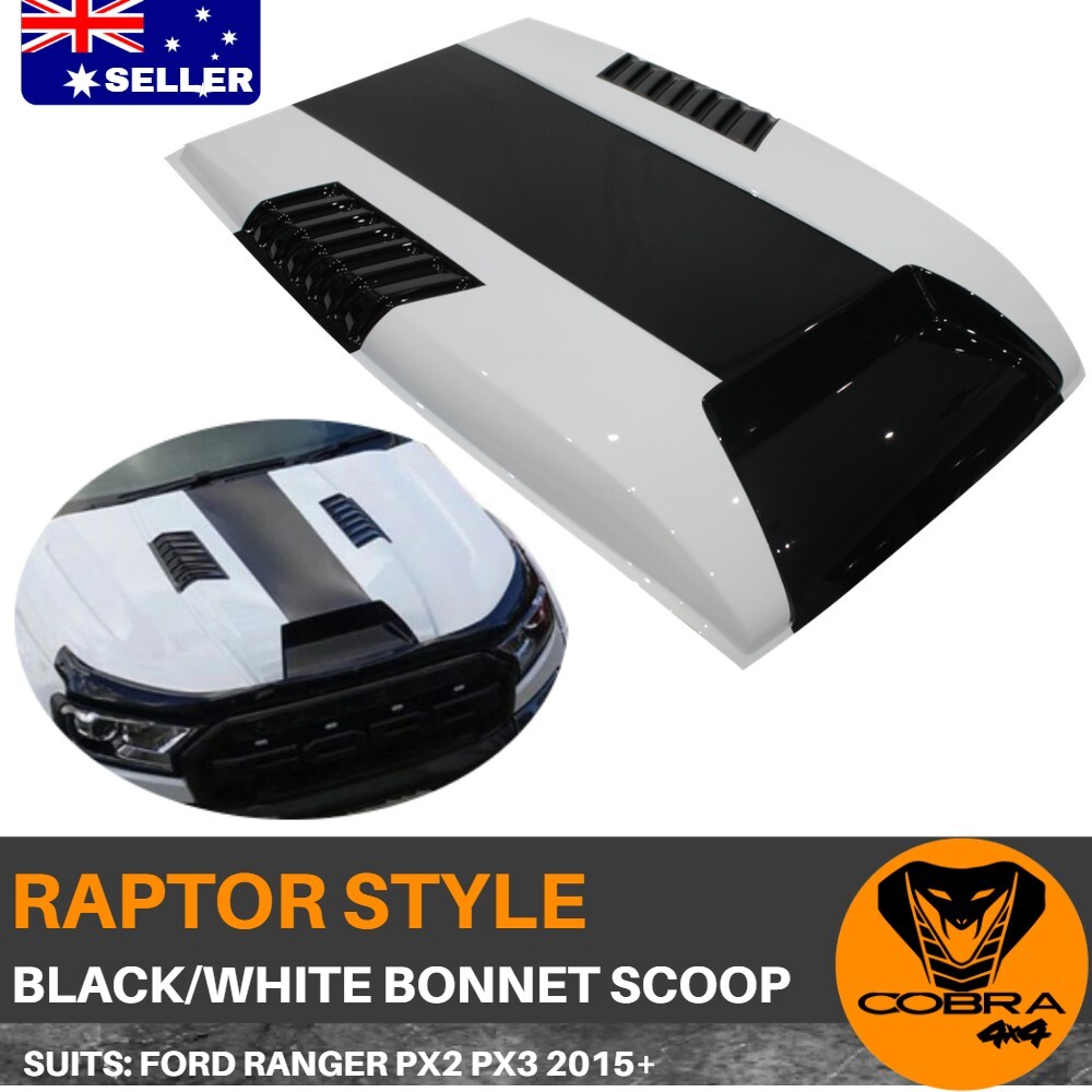 BLACK  WHITE RAPTOR STYLE BONNET SCOOP FITS FORD RANGER PX2 PX3 2015 2019